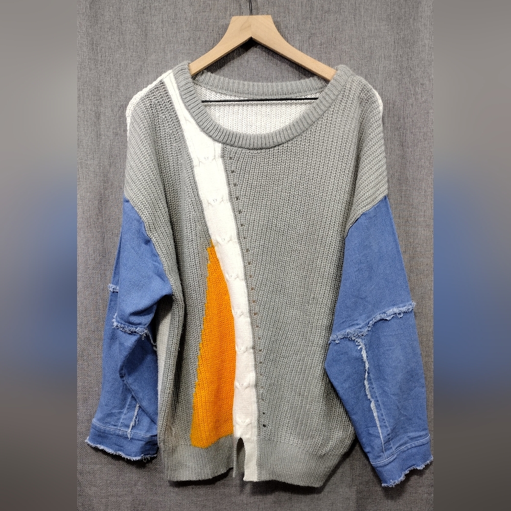 Womens Denim Patchwork Cable Knit Sweater Size XXL Bobo Retro Y2K 90s Streetwear - Picture 2 of 7